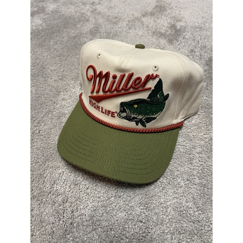 Miller High Life Bass Fishing Snapback Hat Olive Green Cream Rope Cap